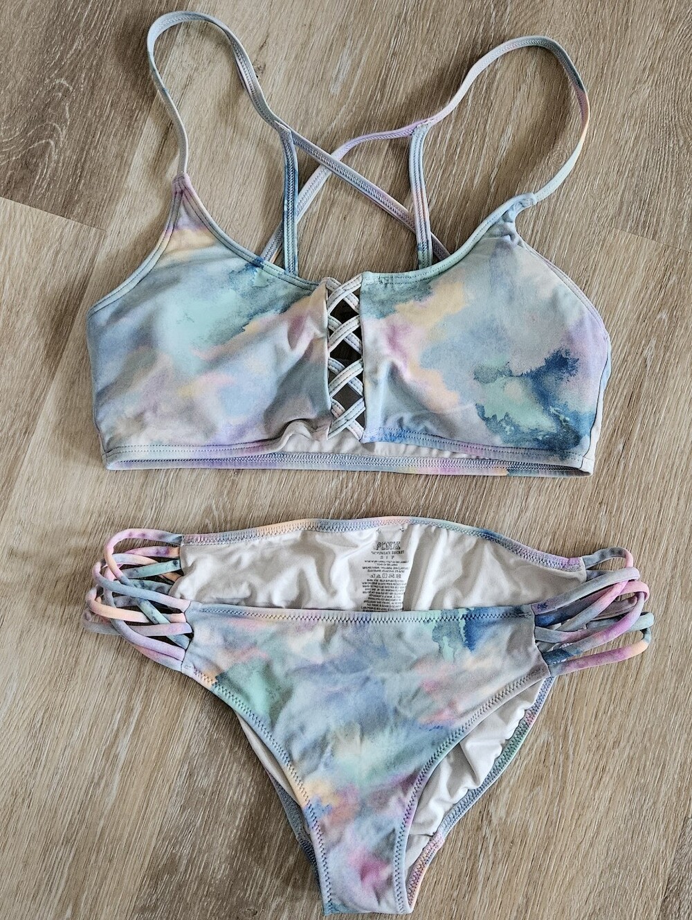 Women's Victoria's secret pink pastel tie dye strapped athletic bikini small